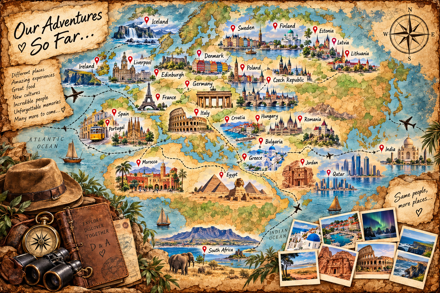 Vintage Indiana Jones-style illustrated map celebrating the countries Declan and Adrienne have travelled to together, including Spain, Portugal, Sweden, Denmark and Finland