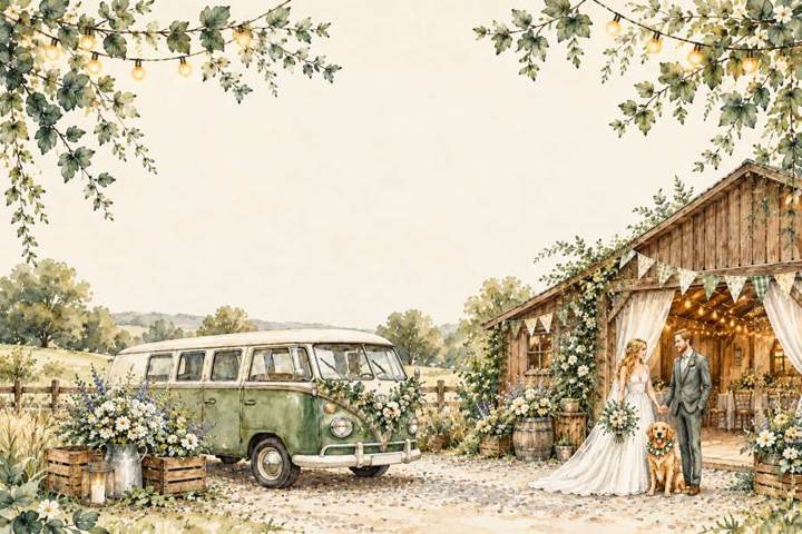 Watercolour-style illustration of a rustic barn, sage green vintage camper, flowers, string lights, and a wedding couple with their dog